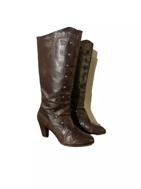 Reba Womens Dixie Mid Calf Boots Brown Leather Studded Block Heel Block Zip 10M