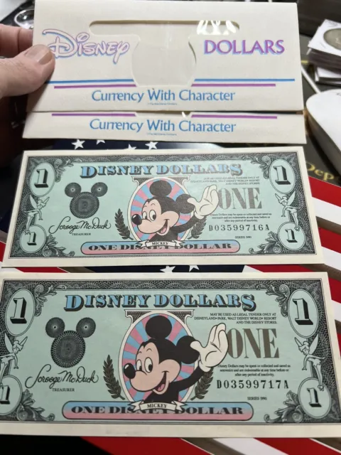 Lot 2 x 1990 Mickey Mouse $1 Disney Dollars Bills Notes Consecutive Serial #s