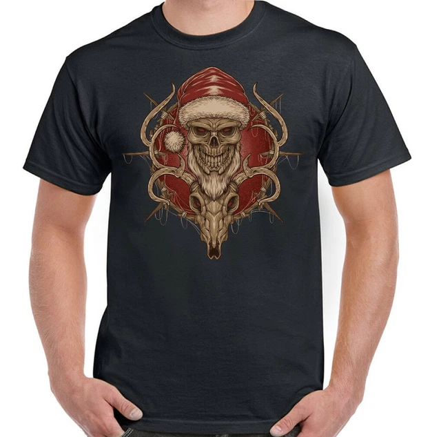 T-shirt teschio di Natale biker babbo Natale e renne da uomo moto gotica segreta