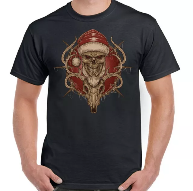 Xmas Skull T-Shirt Biker Santa & Reindeer Mens Gothic Motorbike Bike Secret