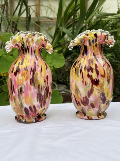 A Pair Of Victorian Spatter Art Glass Vases Yellow & Pink. C.1880