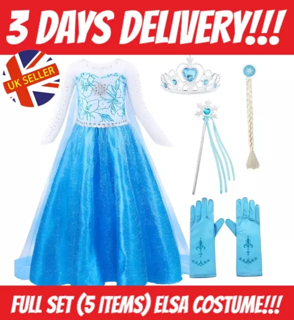 Disney Elsa Princess Full Set Blue Gown Tiara Roleplay Dress-up Costume Frozen