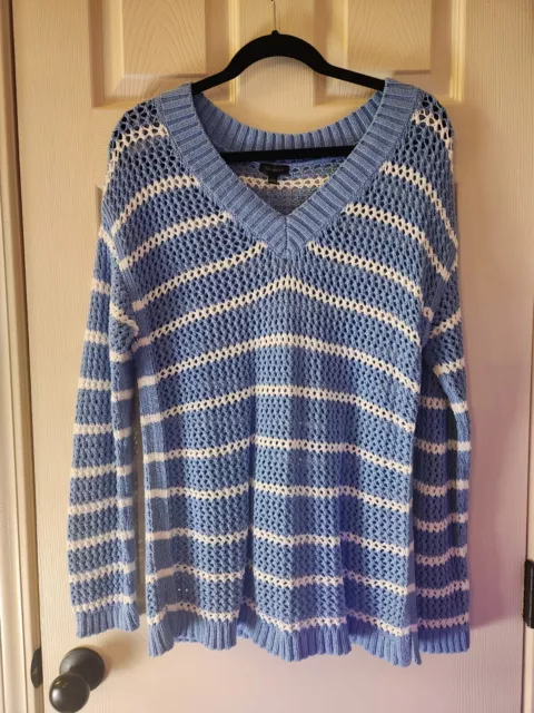 Talbots Women's Blue White Stripe Crochet V-Neck Tunic Sweater Size Large NWT