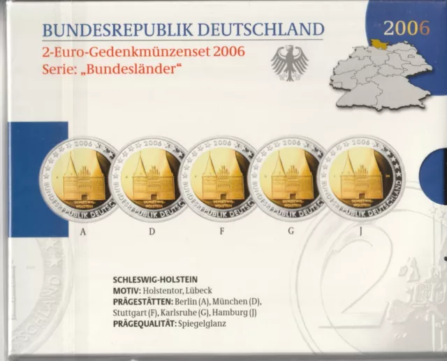 MDS DEUTSCHLAND 5 x 2 EURO 2006 PP "HOLSTENTOR, LÜBECK" ADFGJ IM BLISTER, OVP