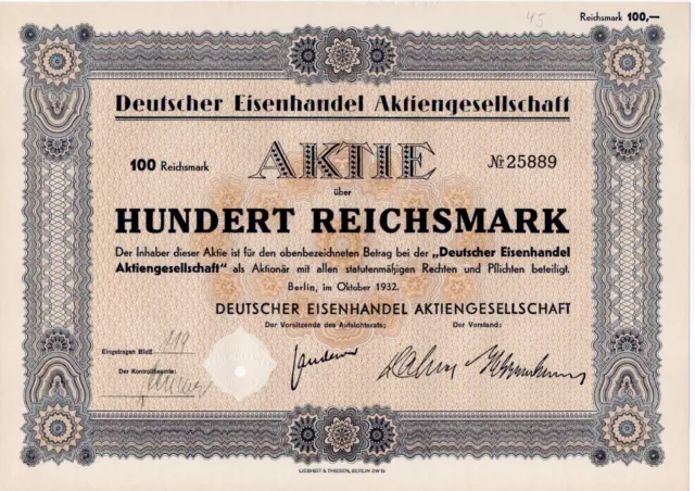 45x Deutscher Eisenhandel 100 RM 1932