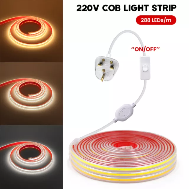 COB LED Strip Lights 220V High Density IP67 Waterproof Tape Rope Self Adhesive