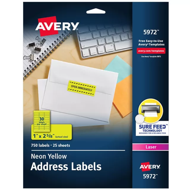 Avery High-Visibility Permanent ID Labels Laser 1 x 2 5/8 Neon Yellow 750/Pack