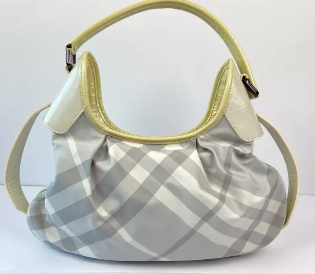 Burberry Checked Gray Nylon & Trimmed Smoke Patent Leather Shoulder Hobo Bag