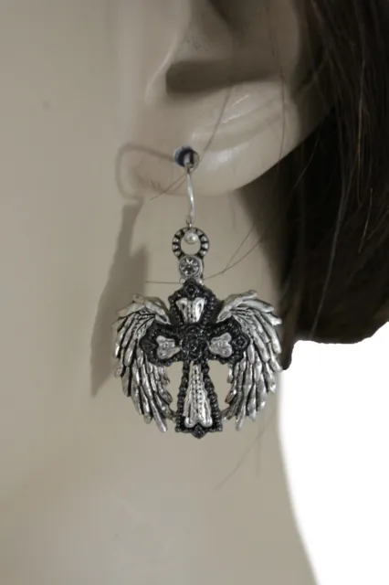 New Women Earring Set Hook Fashion Jewelry Silver Metal Angel Wings Pewter Cross