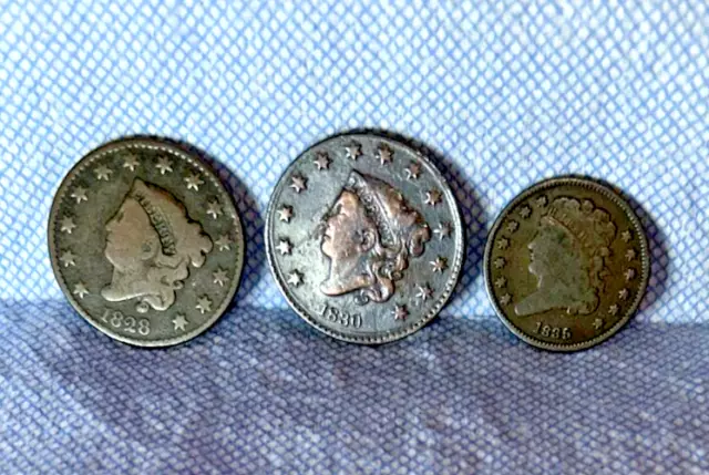 Set Of 3 Very Old Pennies, 1828, 1830 & 1835 Half Cent.