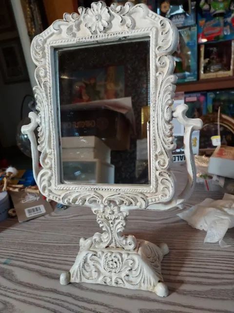 Vintage Ornate Cast Iron Vanity Top Tilting Mirror. CREAM, WORKS GREAT