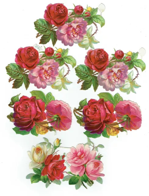 6 Large Floral Roses Chromolithographic Die Cut Paper Scrap German1880s Antique
