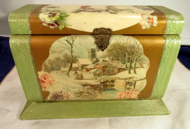 RARE Victorian Wood Upright  Manicure Case With Celluloid Winter Scene