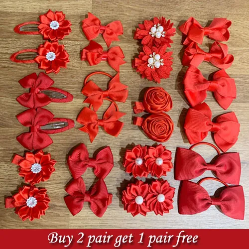 Red Bow Girls flower elastic bobbles clips School lot Hair Christmas Gifts pair