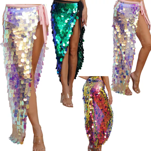 Womens Belly Dance Hip Skirt Masquerade Clubwear Mermaid Dance Shiny Long Skirts