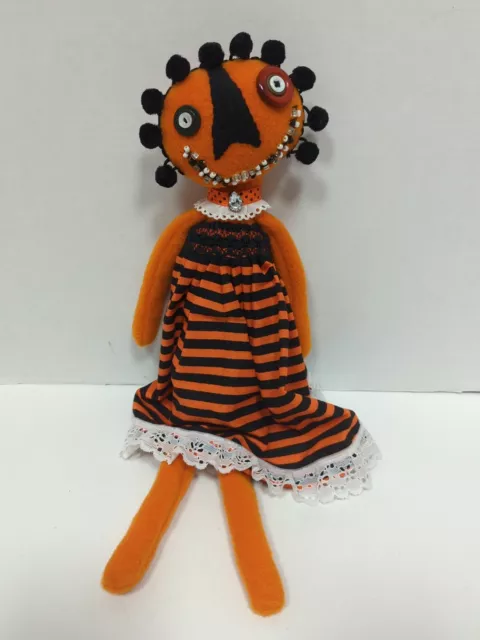 Dia De Los Muertos Black Orange Felt Doll  Beaded Mouth Button Eyes Pompon Hair