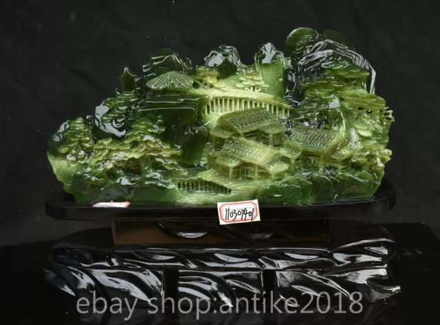 15.6" Chinese Natural Xiu Jade Carving Landscape Mountain House Bridge Statue