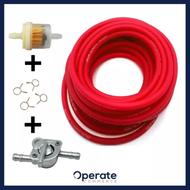 KIT TUBO BENZINA CARBURANTE ROSSO 1m CON FILTRO BENZINA+RUBINETTO D.INTERNO 5mm