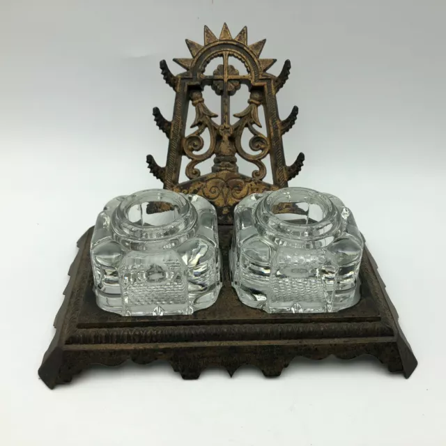 Victorian Double Ink Well Pen Rest Cast Iron Cross Sunset Star Vtg Antique F3