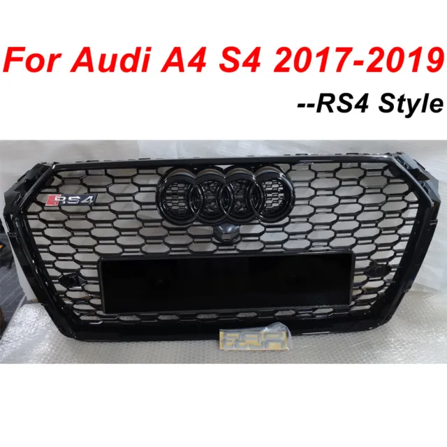 Honeycomb Grille For Audi A4/S4 B9 2017 2018 2019 RS4 Style Gloss Black W/Emblem