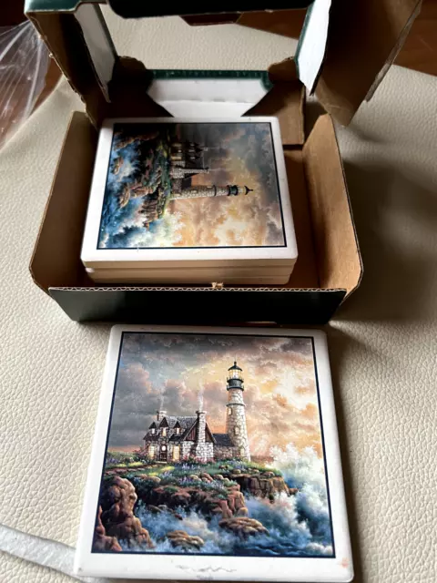 Vintage Absorbent Stone Coasters Coastal Lighthouse  Set Of 4 In Box Pictures