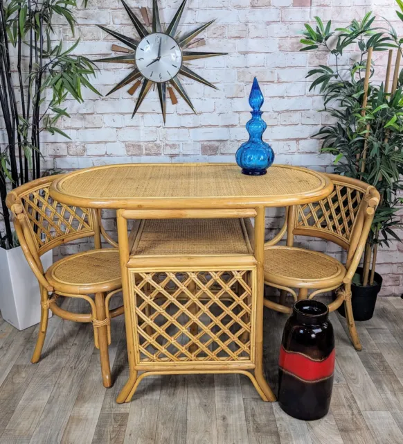 Vintage Bamboo Cane Rattan Wicker Bistro Table & 2 Chairs Set Boho Mid Century