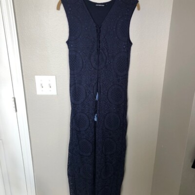 KAS NEW YORK Navy Blue Lace Boho Tassel Dress M