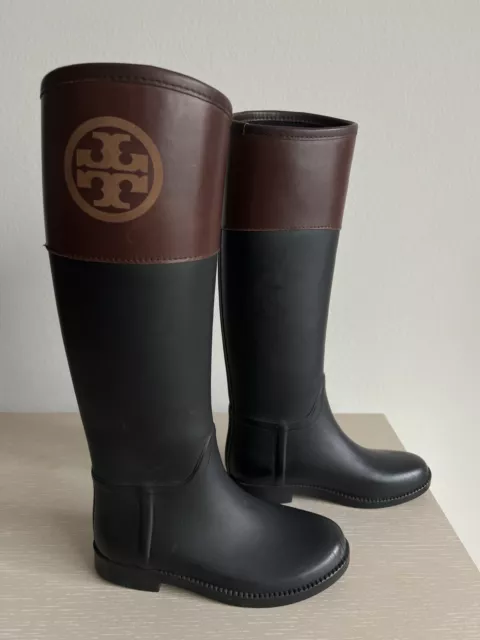 Tory Burch Diana Black + Brown Knee-High Matte Rubber Rain Boots, Women’s Size 5