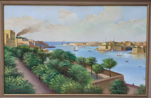 Aquilina Antique Oil Painting Grand Harbor Valletta Malta Barakka Gardens Port