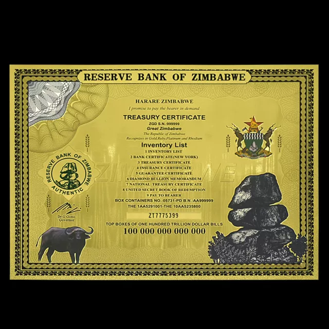 Zimbabwe / Simbabwe Gold Banknote One Hundred Trillion Dollar Bills