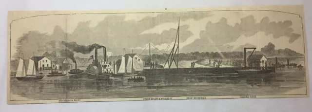 1861 magazine engraving~CONFEDERATE FLEET, STEAM BOILERS, SAND BATTERIES, more