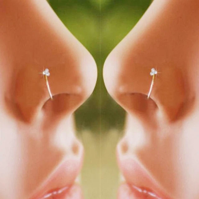 Women Clip On Thin Small Flower Crystal  Stud Hoop-Sparkly Fake Nose Ring Men