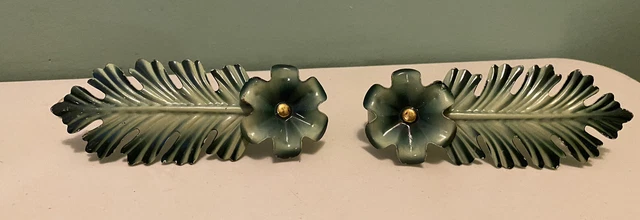 VTG Fern And Flower Green Metal Enamel?Curtain Drapes  Tiebacks  Brackets OLD