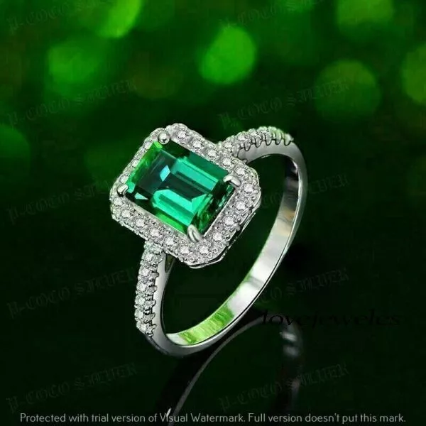 2CT Real Green Emerald Women's Engagement Wedding Ring 14K White Gold Finish
