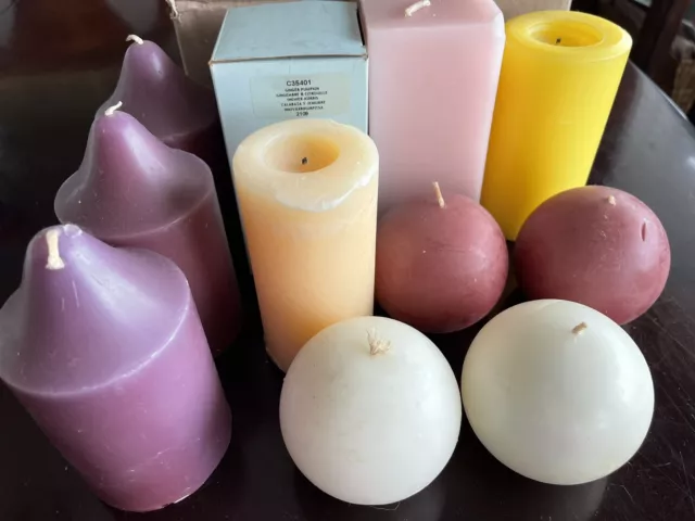 Partylite Lot of Round and Square Pillars, Ball Candles Mulberry Vanilla Pumpkin