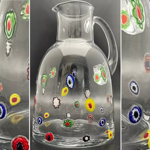 Murano Millefiori Handcrafted Art Glass Clear Glass Pitcher/Jug Made in Italy