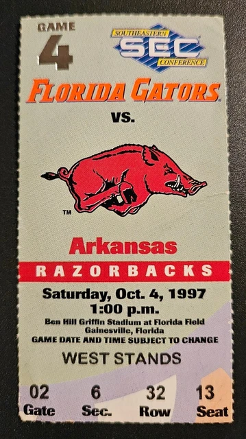 Florida Gators Arkansas Razorbacks Football Ticket Stub 10/4 1997 Bo Carroll TD