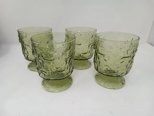 Vintage Anchor Hocking Green Milano Crinkle Glass Footed On The Rocks Set Of 4