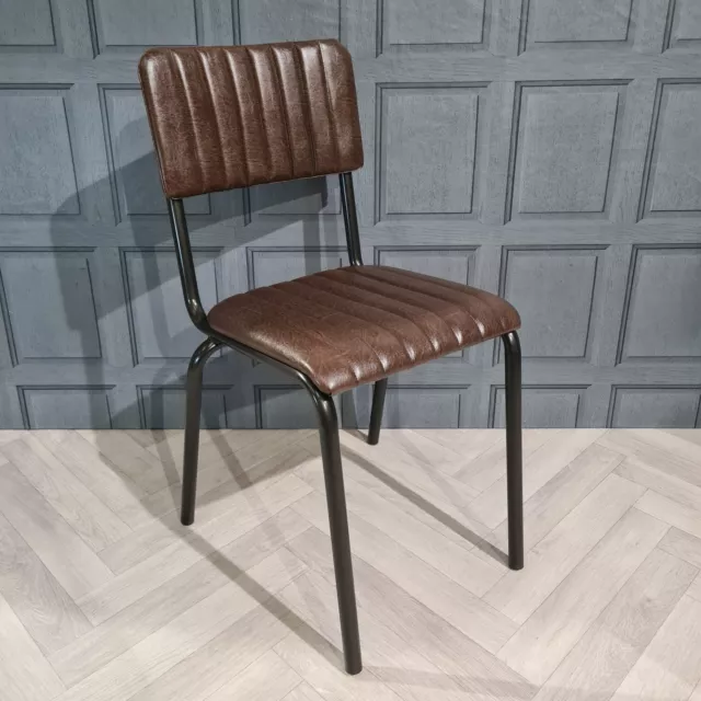 Vintage Industrial Dining Chairs Brown Leather Look Ribbed Metal Stackable Cafe