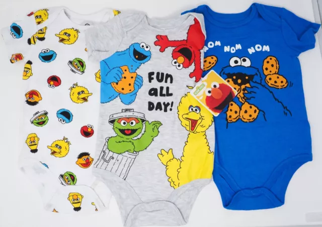 Sesame Street Baby Boy / Girl BodySuits Lot of 3 NWT 3 6 9 12 18 24 Cookie Elmo