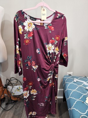 Fortune & Ivy Maroon floral 3/4 sleeve dress knot on side Size 2X