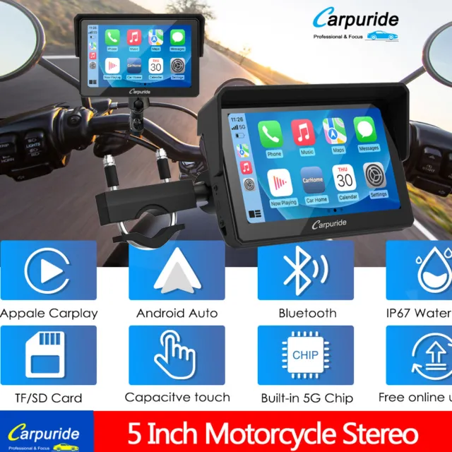 Carpuride 5'' Motorcycle Display GPS Navigation CarPlay Android Auto Waterproof