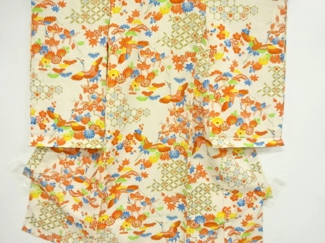40621# Japanese Kimono / Antique Kimono For Girls / Crane With Kiku & Paulow