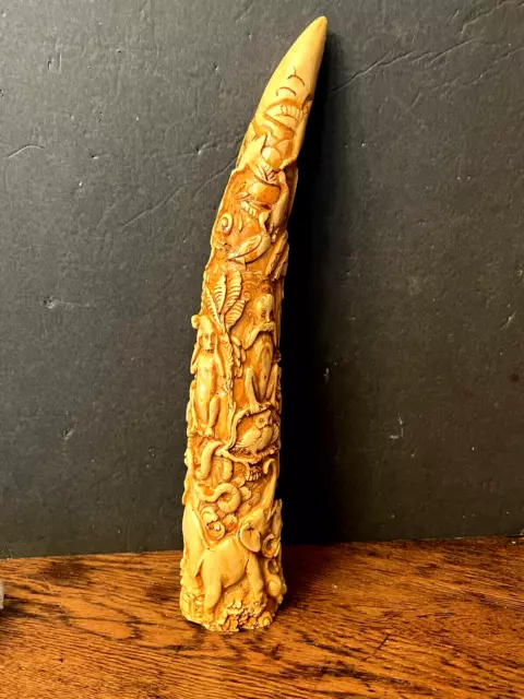 VTG Carved Resin Faux Tusk Jungle Animal Horn "Hear, See, Speak no evil" 15"