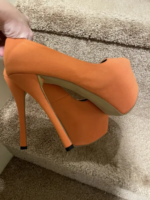 Womens 6" Sunkist Orange.  Faux Suede Platform Stiletto Peep Toe High Heels