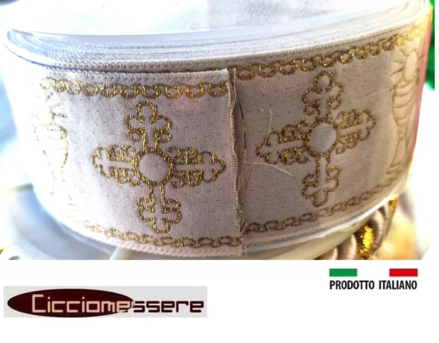 Gallone Jacquard Tunica Saio Prima Comunione Altezza 5cm Bianco Ricamo Lurex Oro