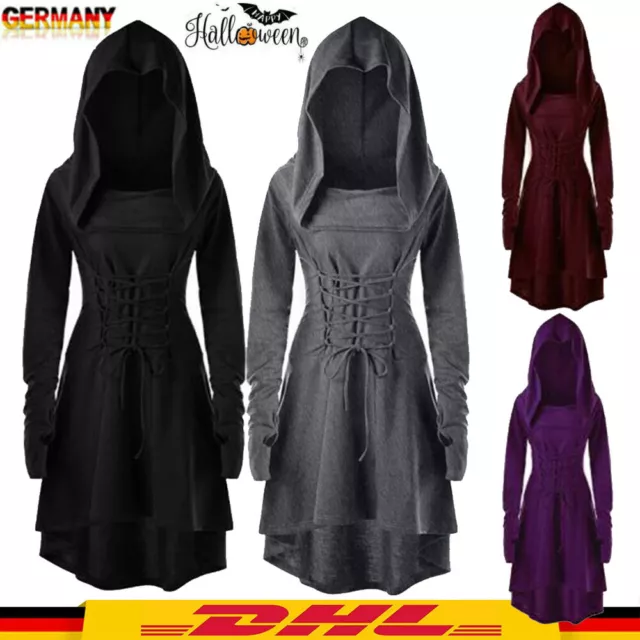Damen Gothic Halloween Cosplay Mittelalter Hexe Vampir Umhang Cape Kleid DHL