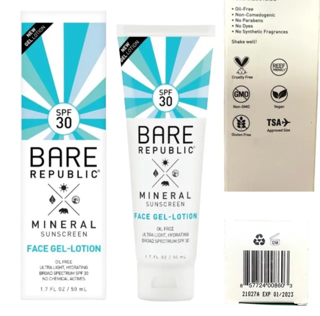 BARE REPUBLIC Mineral Sunscreen Face Gel-Lotion SPF 30 Exp 01/23 NEW Clean Vegan
