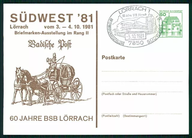 BRD PRIVAT-GA 1981 SÜDWEST LÖRRACH POSTKUTSCHE WASSERSCHLOSS INZLINGEN gi83