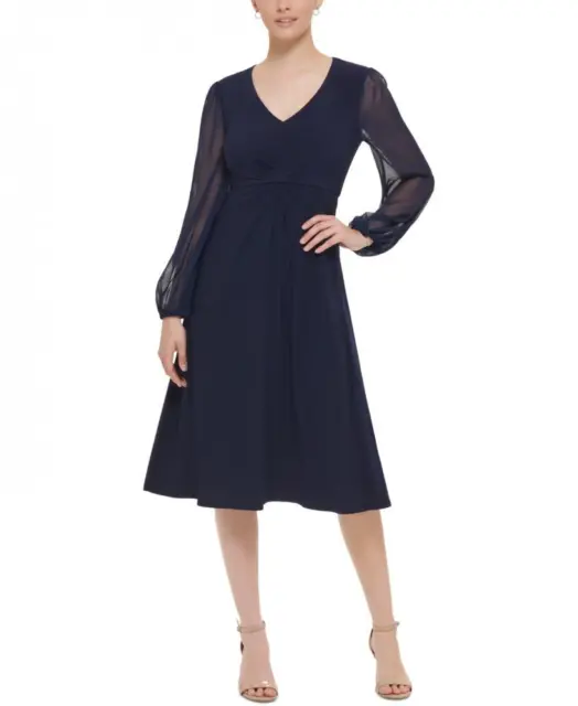 New $109 Jessica Howard   Women's Midi Shift Chiffon Long Sleeve Dress A2302